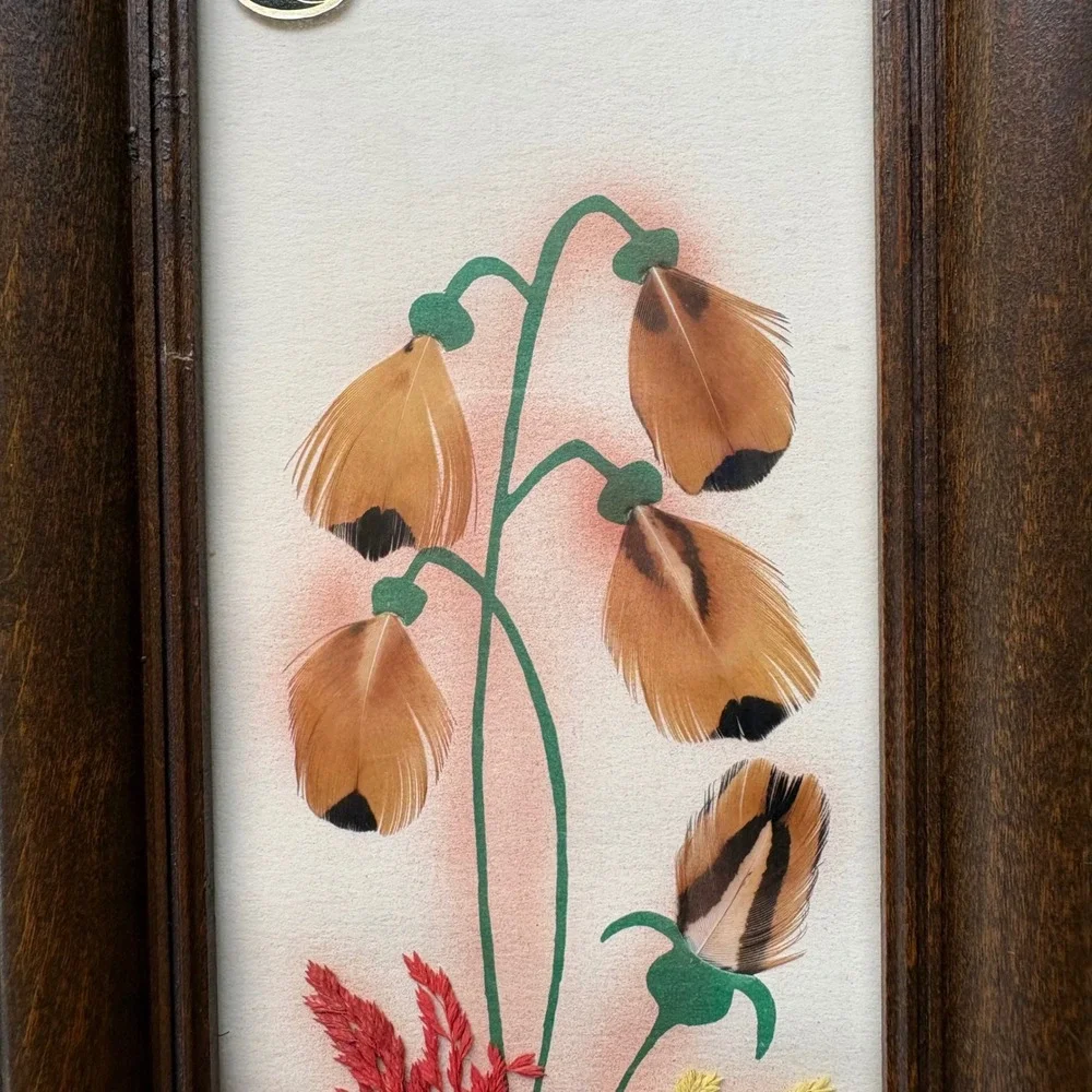Vintage Ellen Kiefert Prairie Pictures Feather Art Floral Framed Set of 2 MCM